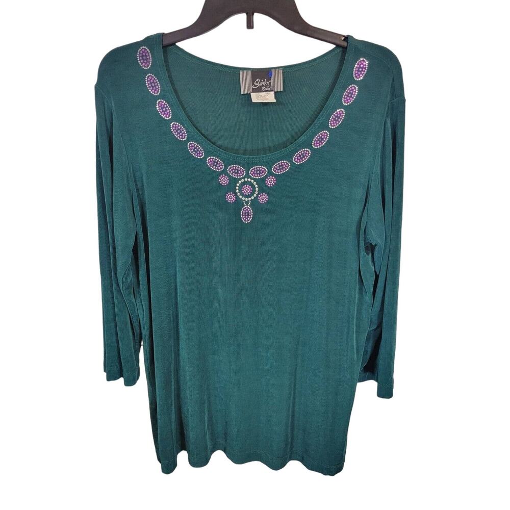 Slinky Green Purple Rhinestone Scoop‎ Neck 3/4 Sleeve Top Women's Size Medium